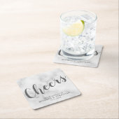 'Cheers' Modernes Script White Marble Wedding Rechteckiger Pappuntersetzer (Vor Ort)