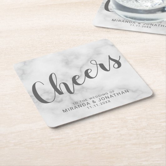 'Cheers' Modernes Script White Marble Wedding Rechteckiger Pappuntersetzer (angewinkelt)