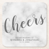 'Cheers' Modernes Script White Marble Wedding Rechteckiger Pappuntersetzer (Vorderseite)