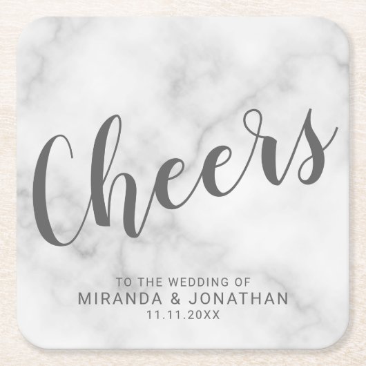 'Cheers' Modernes Script White Marble Wedding Rechteckiger Pappuntersetzer (Vorderseite)