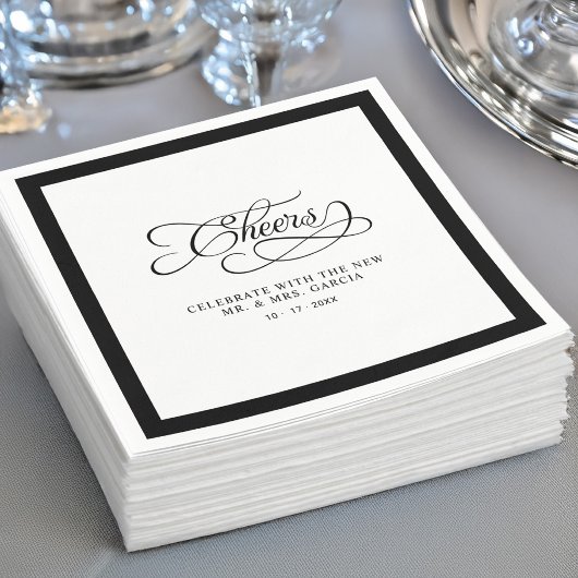 Cheers Mr & Mrs Wedding Calligraphy Border Black Serviette