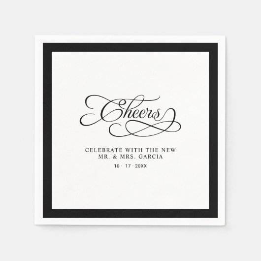 Cheers Mr & Mrs Wedding Calligraphy Border Black Serviette (Vorderseite)