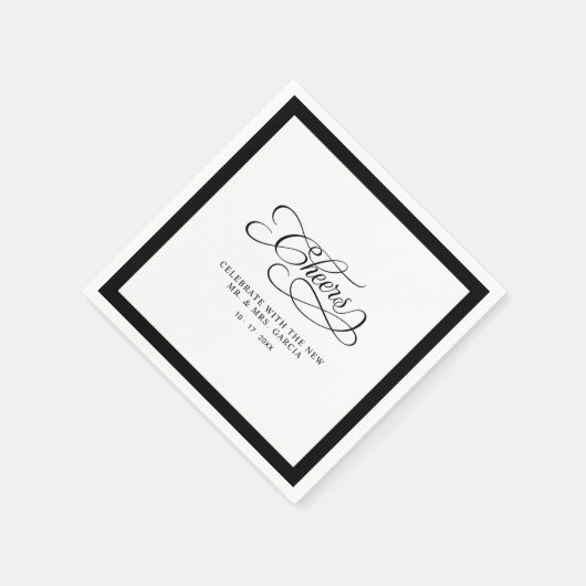 Cheers Mr & Mrs Wedding Calligraphy Border Black Serviette (Ecke)
