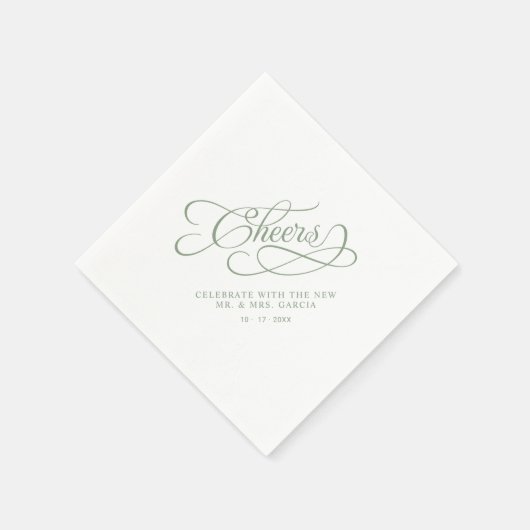 Cheers Mr & Mrs Wedding Calligraphy Sage Green Serviette (Ecke)