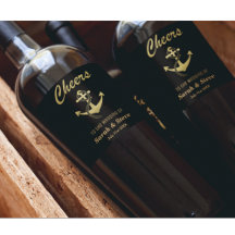 Cheers Nautical Wedding Gold und Black Wine Labels