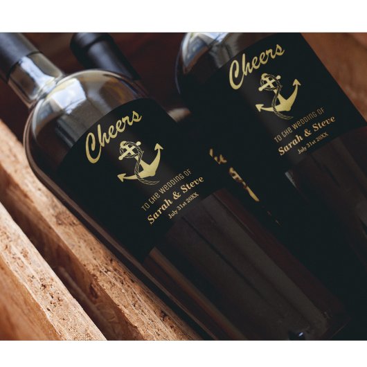 Cheers Nautical Wedding Gold und Black Wine Labels Weinetikett