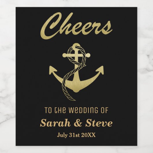 Cheers Nautical Wedding Gold und Black Wine Labels Weinetikett (Einzelnes Label)