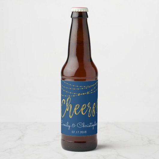 Cheers Navy Blue and Gold Foil String Lights Bierflaschenetikett (Vorderseite)