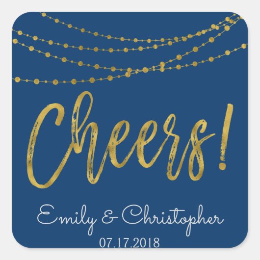 Cheers Navy Blue and Gold Foil String Lights Quadratischer Aufkleber (Vorderseite)
