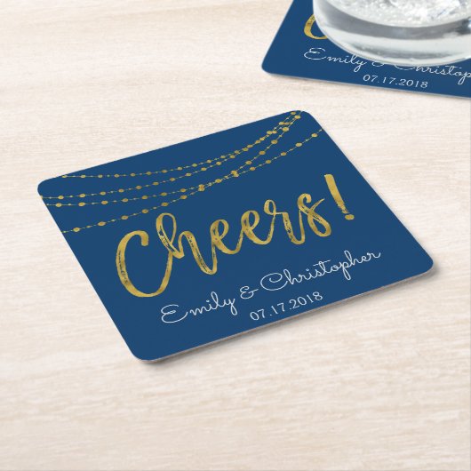 Cheers Navy Blue and Gold Foil String Lights Rechteckiger Pappuntersetzer (angewinkelt)