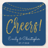 Cheers Navy Blue and Gold Foil String Lights Rechteckiger Pappuntersetzer (Vorderseite)