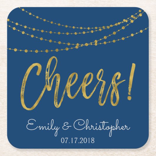 Cheers Navy Blue and Gold Foil String Lights Rechteckiger Pappuntersetzer (Vorderseite)
