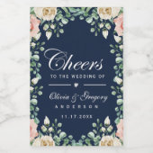 Cheers Navy Blue Pink Blumenwein Label Weinetikett (Einzelnes Label)