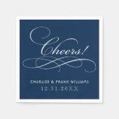Cheers Navy Blue Silver Calligraphy Custom Wedding Serviette (Vorderseite)