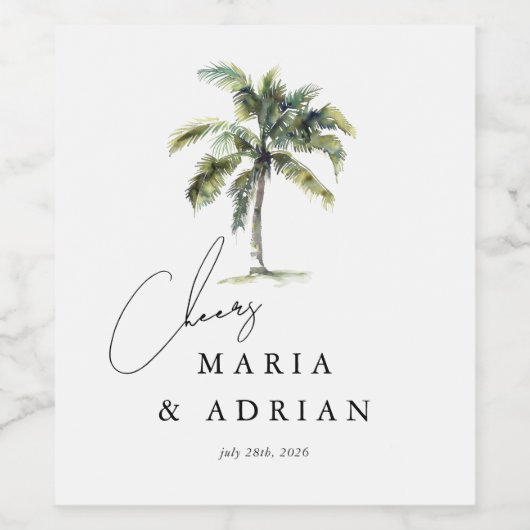 Cheers! Palm Tree Tropical Beach Wedding Weinetikett (Einzelnes Label)