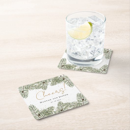 Cheers Pine & Gold Weihnachtsfeier Rechteckiger Pappuntersetzer (Vor Ort)