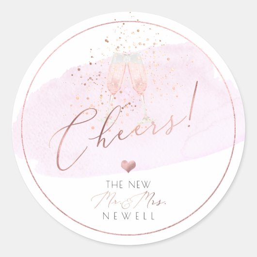 Cheers Pink Champagne Glass Bubbles Wasserfarbe Runder Aufkleber (Vorderseite)