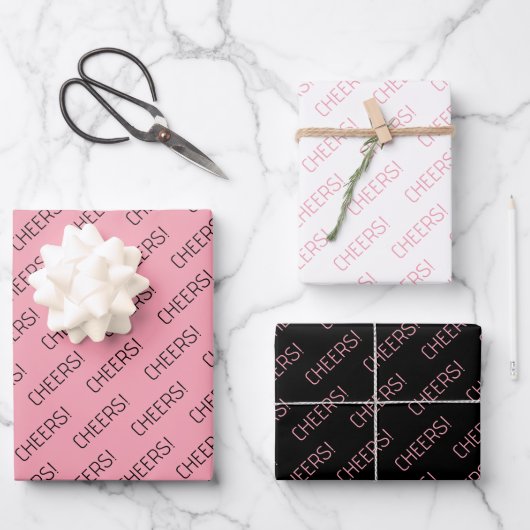 Cheers Pink White Black Wrapping Paper Geschenkpapier Set (Vorderseite)