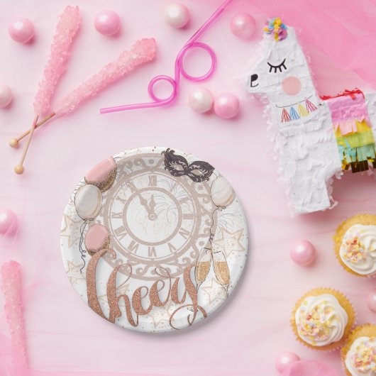 Cheers Rose Gold Script Champagne Neujahr Pappteller (Party)