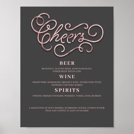 Cheers Rose Gold Wedding Bar Sign Poster (Vorne)