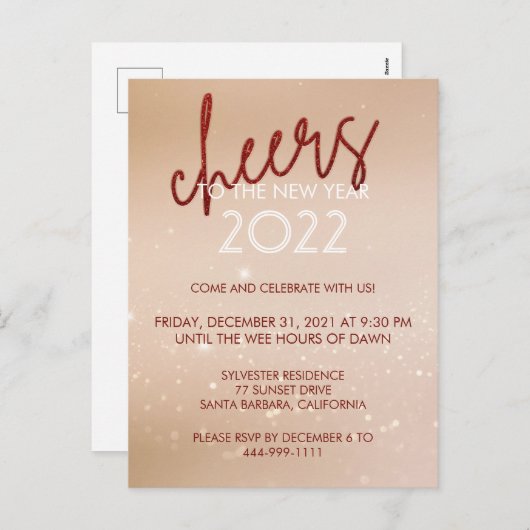Cheers Roter Glitzer Neujahr Party Einladung (Vorne/Hinten)