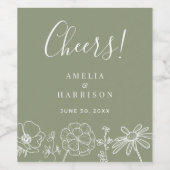 Cheers Sage Green Elegant Blumenhochzeit Weinetikett (Einzelnes Label)