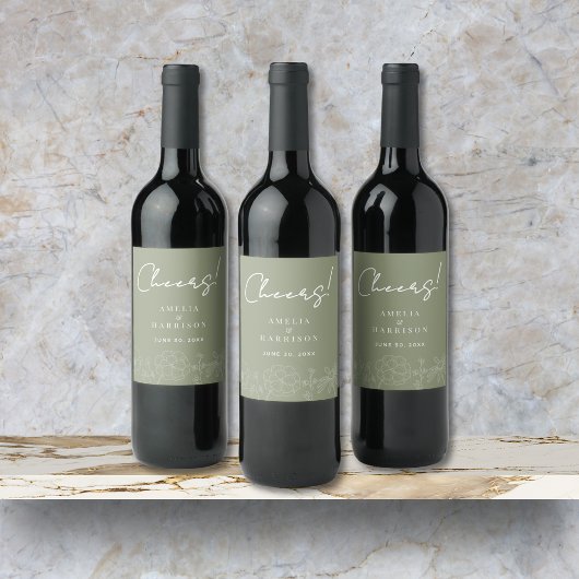 Cheers Sage Green Elegant Blumenhochzeit Weinetikett