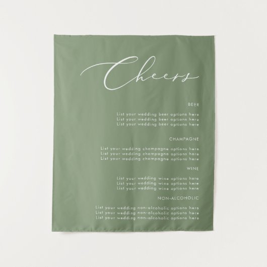 Cheers Sage Green Wedding Drinks Fabric Sign Wandteppich (Vorderseite)