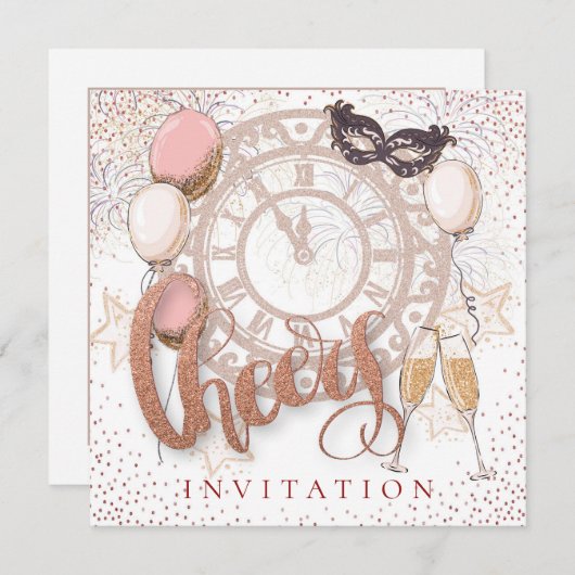 Cheers Script Champagne ConfettI New Year Party Einladung (Vorne/Hinten)