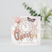 Cheers Script Champagne ConfettI New Year Party Einladung (Stehend Vorderseite)