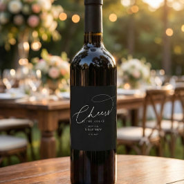 Cheers Script Typography Black Wedding Weinetikett
