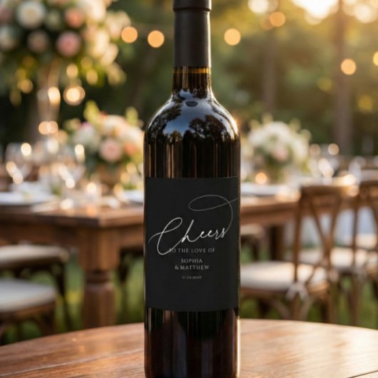 Cheers Script Typography Black Wedding Weinetikett