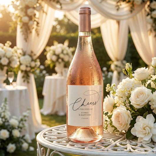 Cheers Script Typography White Wedding Weinetikett