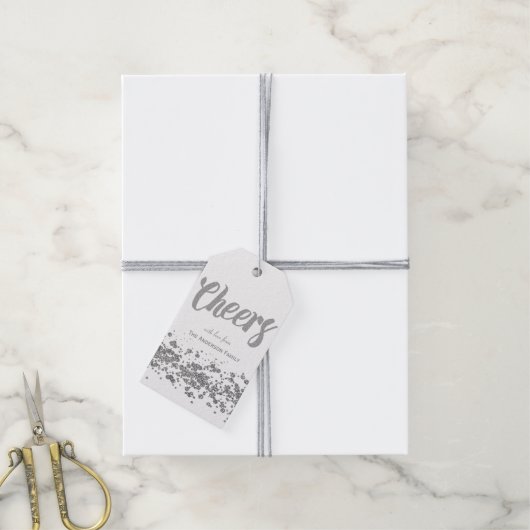 Cheers silberne Glitzer Geschenketiketten Geschenkanhänger (Mit Garn)