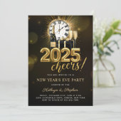 Cheers Silvester Party 2025 Gold Champagner Einladung (Stehend Vorderseite)