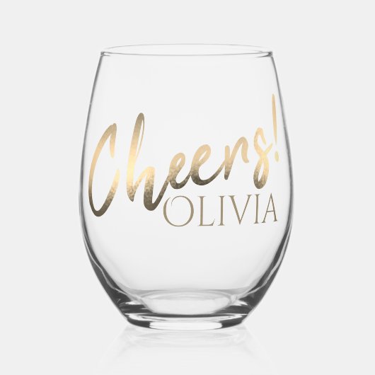 Cheers Stylish Gold Script Individuelle Name Weinglas Ohne Stiel (Vorderseite)