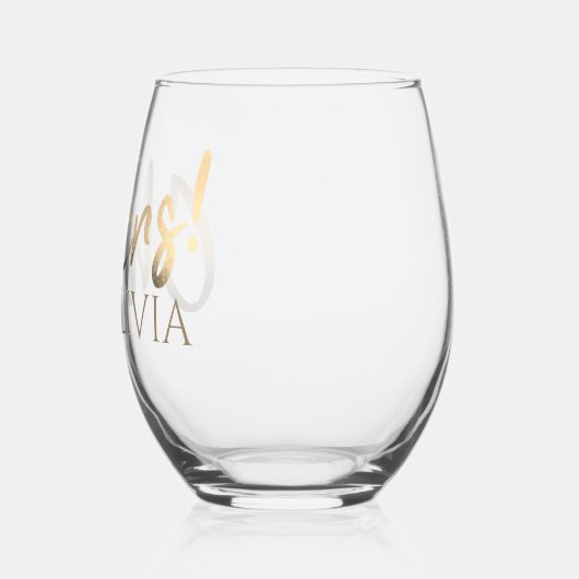 Cheers Stylish Gold Script Individuelle Name Weinglas Ohne Stiel (Links)