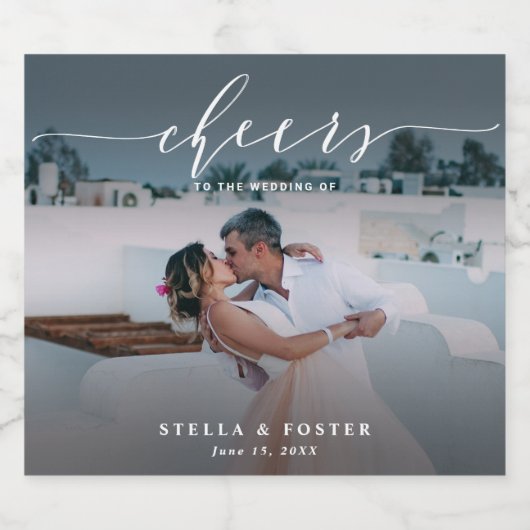 Cheers Stylish White Script Foto Wedding Sparkli Schaumweinetikett (Einzelnes Label)