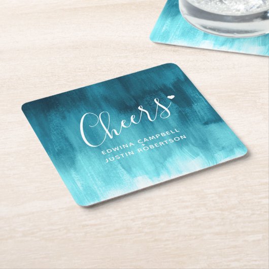 Cheers teal modern art wash paper coasters rechteckiger pappuntersetzer (angewinkelt)