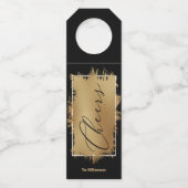 CHEERS Text Gold Foil auf schwarz Flaschenanhänger (Vorderseite)