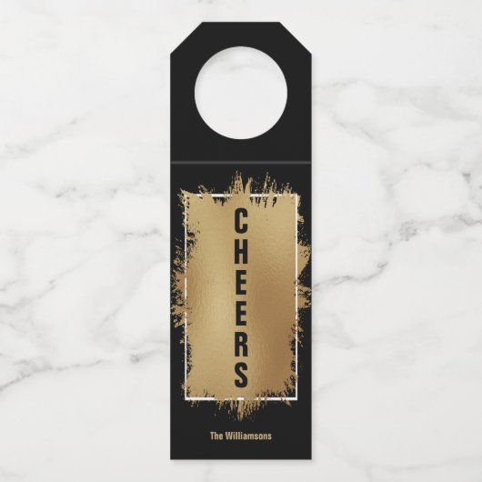 CHEERS Text Gold Foil auf schwarz Flaschenanhänger (Vorderseite)