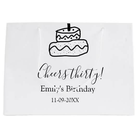 Cheers thirty birthday cake black scribble hand große geschenktüte (Vorderseite)