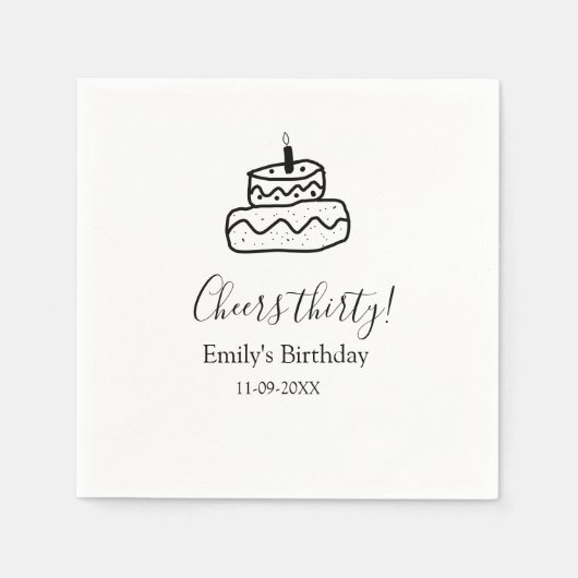 Cheers thirty birthday cake black scribble hand serviette (Vorderseite)