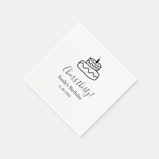 Cheers thirty birthday cake black scribble hand serviette (Ecke)
