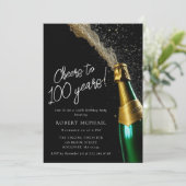 Cheers to 100 Years Champagner Flasche Geburtstag Einladung (Stehend Vorderseite)