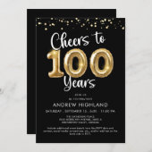 Cheers to 100 Years Gold Balloon Numbers Black Einladung (Vorne/Hinten)