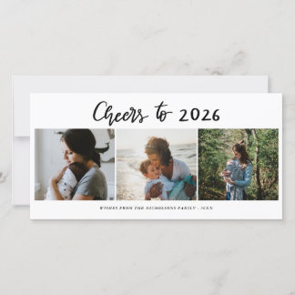 Cheers to 2026 Script Three Foto Collage Modern Feiertagskarte