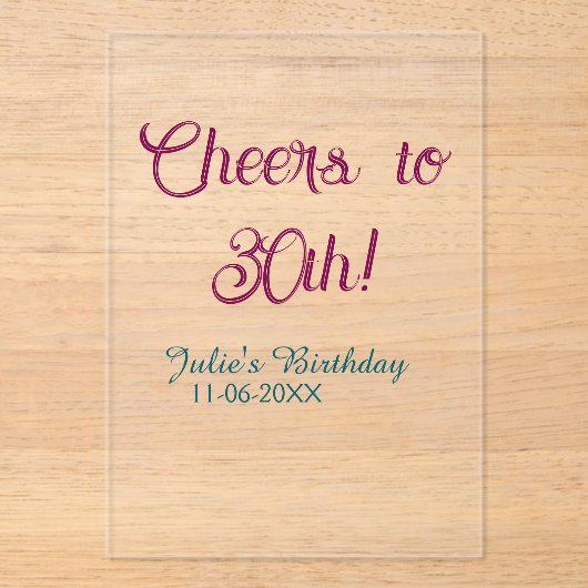 Cheers to 30th birthday name date mauve blue elega acryleinladungen (Vorderseite)
