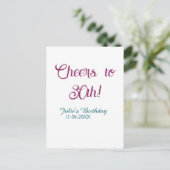Cheers to 30th birthday name date mauve blue elega postkarte (Stehend Vorderseite)