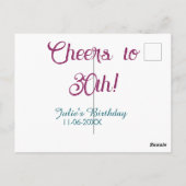 Cheers to 30th birthday name date mauve blue elega postkarte (Rückseite)